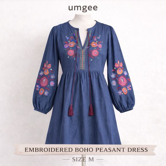 Umgee Dresses & Skirts - Umgee Blue Embroidered Boho Dress Floral Peasant Tassel Sleeve Size M